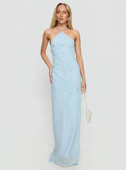 Light Blue Halter Neck Floral Embroidered Chiffon Maxi Formal Evening Prom Dress