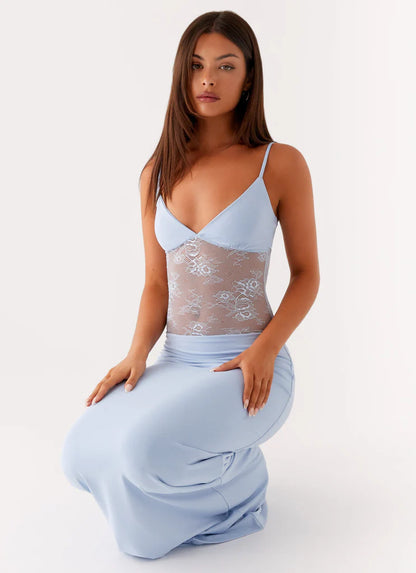 Light Blue Lace Insert Prom Dress Open Back Maxi Gown with Spaghetti Straps