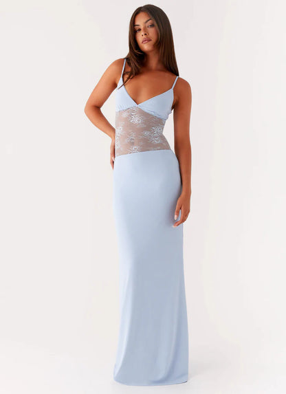 Light Blue Lace Insert Prom Dress Open Back Maxi Gown with Spaghetti Straps