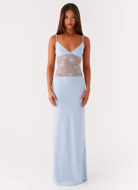 Light Blue Lace Insert Prom Dress Open Back Maxi Gown with Spaghetti Straps