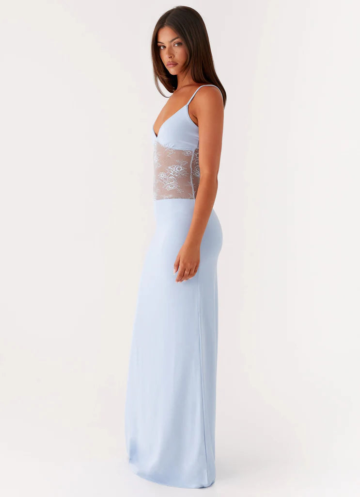 Light Blue Lace Insert Prom Dress Open Back Maxi Gown with Spaghetti Straps