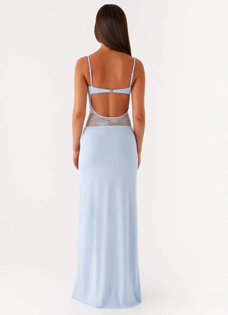 Light Blue Lace Insert Prom Dress Open Back Maxi Gown with Spaghetti Straps