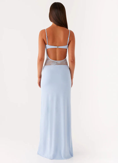 Light Blue Lace Insert Prom Dress Open Back Maxi Gown with Spaghetti Straps