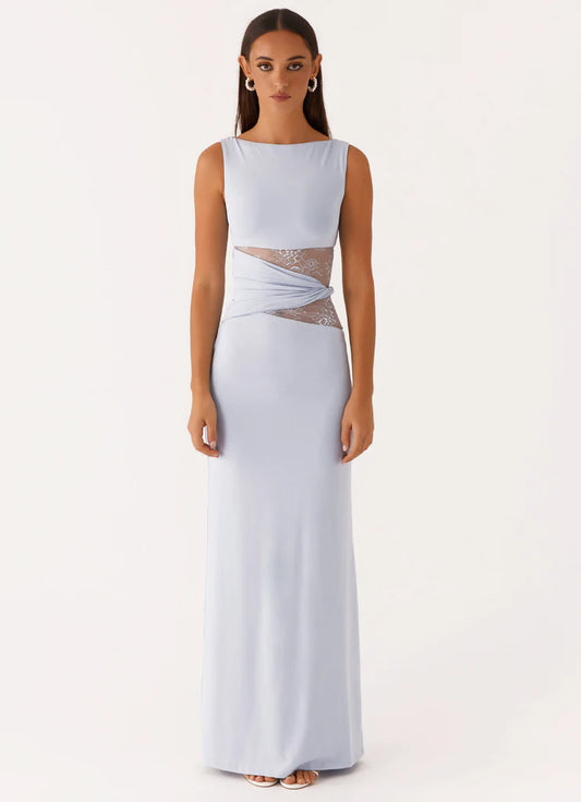 Light Blue Lace Insert Twisted Waist Sleeveless Backless Maxi Prom Dress Formal Evening Gown