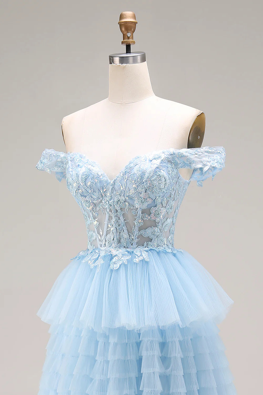 Light Blue Off-the-Shoulder Lace Beaded Tiered Tulle Prom Dress with Corset Back