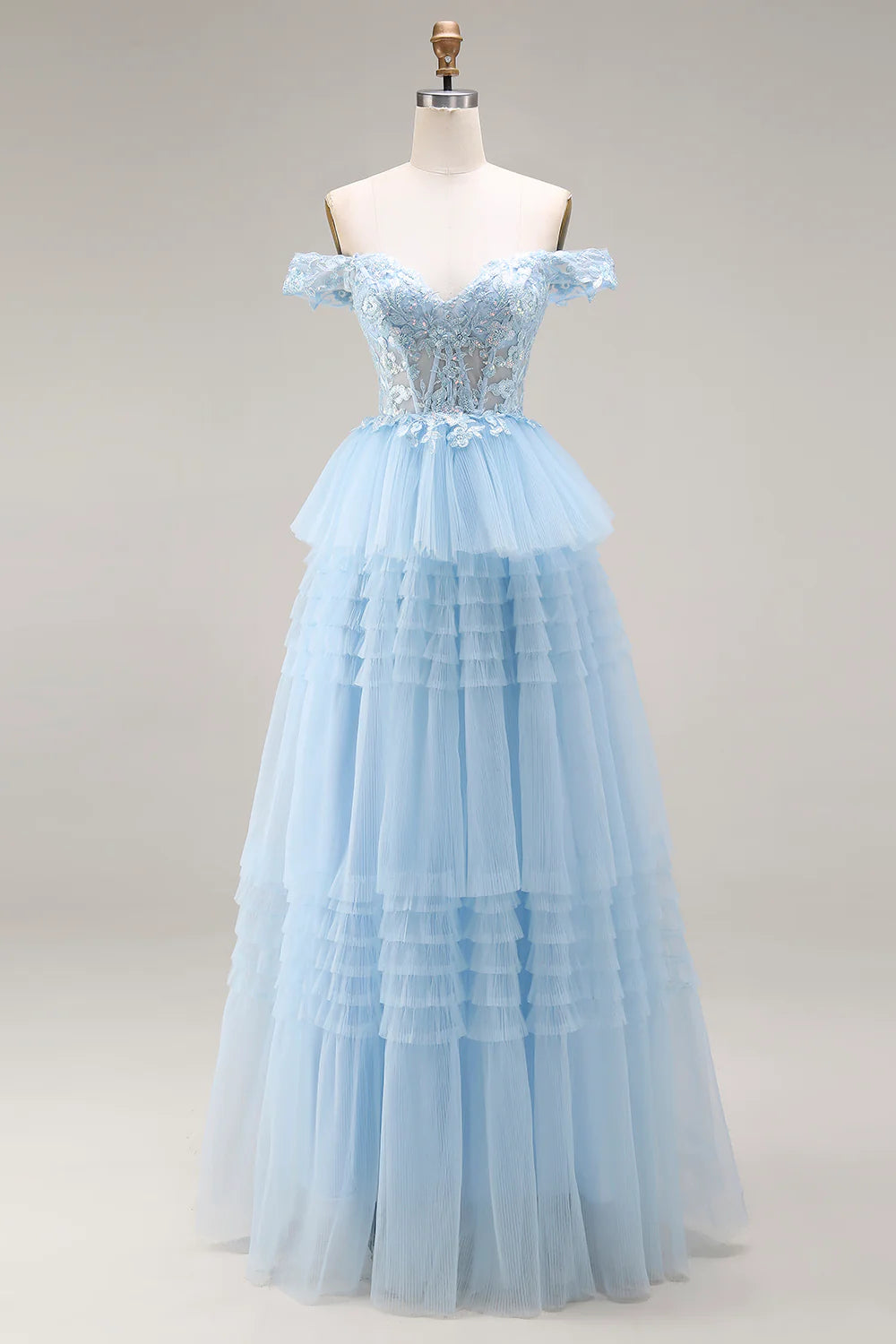 Light Blue Off-the-Shoulder Lace Beaded Tiered Tulle Prom Dress with Corset Back