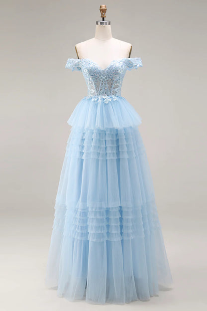 Light Blue Off-the-Shoulder Lace Beaded Tiered Tulle Prom Dress with Corset Back