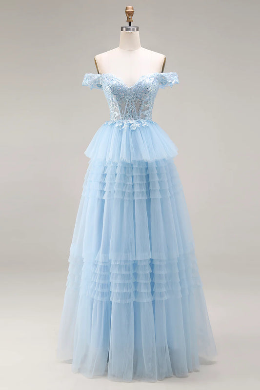 Light Blue Off-the-Shoulder Lace Beaded Tiered Tulle Prom Dress with Corset Back