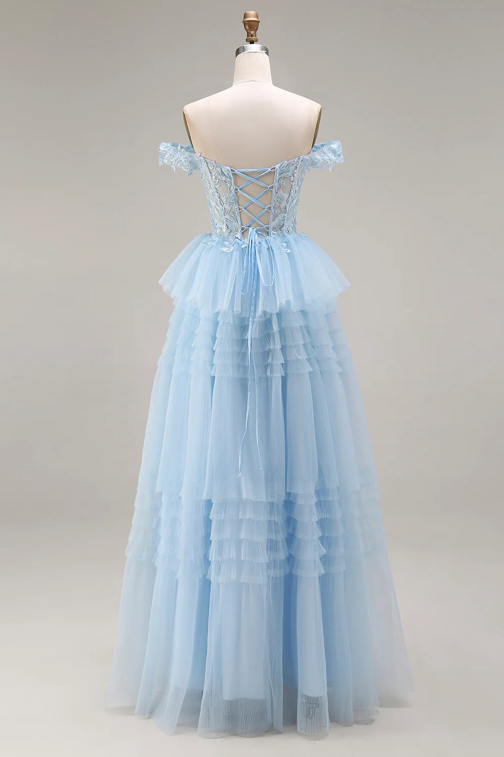 Light Blue Off-the-Shoulder Lace Beaded Tiered Tulle Prom Dress with Corset Back