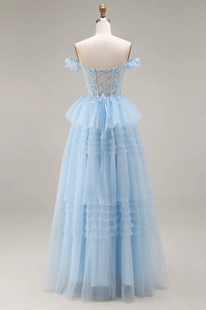 Light Blue Off-the-Shoulder Lace Beaded Tiered Tulle Prom Dress with Corset Back