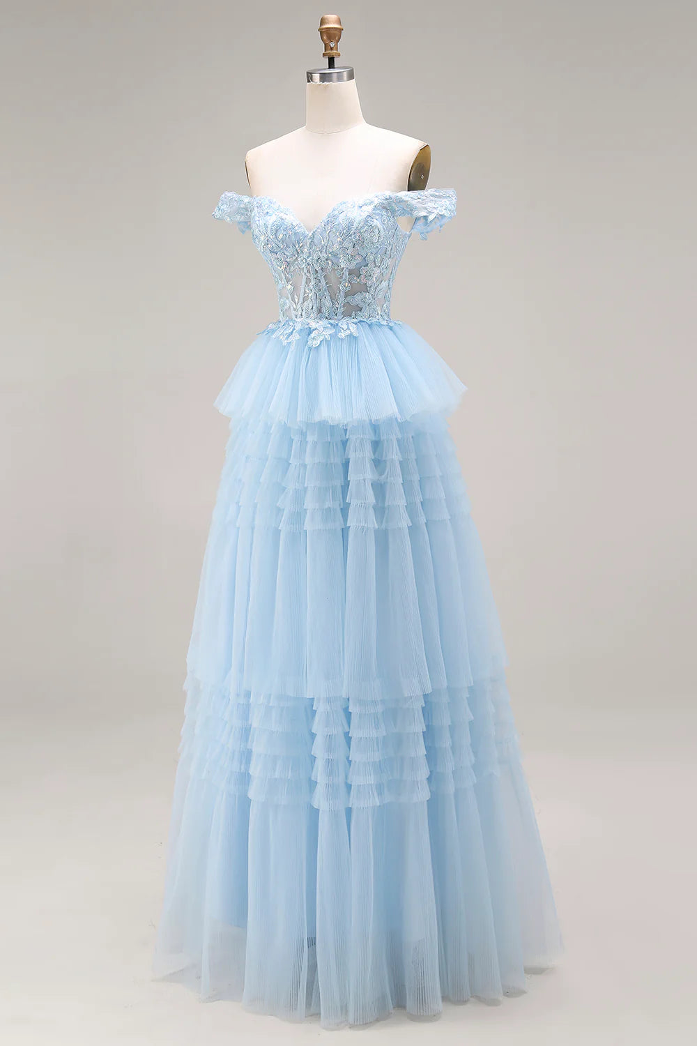 Light Blue Off-the-Shoulder Lace Beaded Tiered Tulle Prom Dress with Corset Back