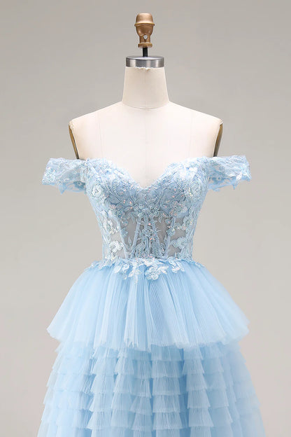 Light Blue Off-the-Shoulder Lace Beaded Tiered Tulle Prom Dress with Corset Back