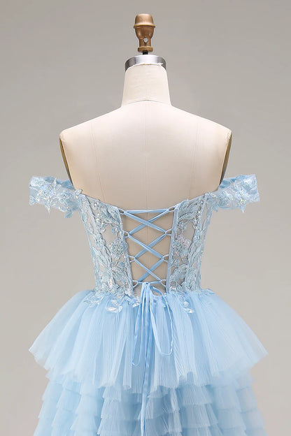 Light Blue Off-the-Shoulder Lace Beaded Tiered Tulle Prom Dress with Corset Back