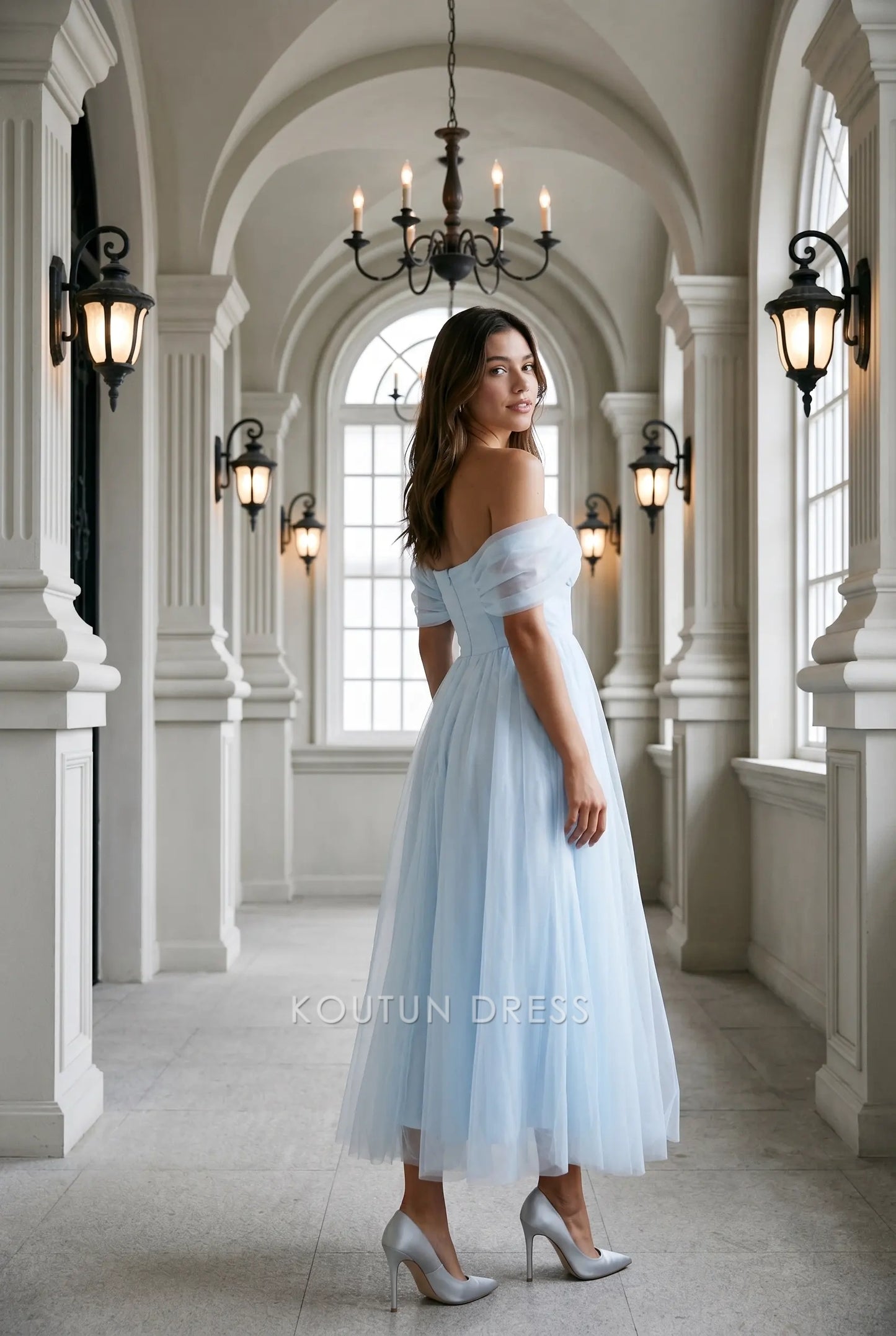 Light Blue Off Shoulder Sweetheart Neck Tulle Midi Formal Evening Prom Dress