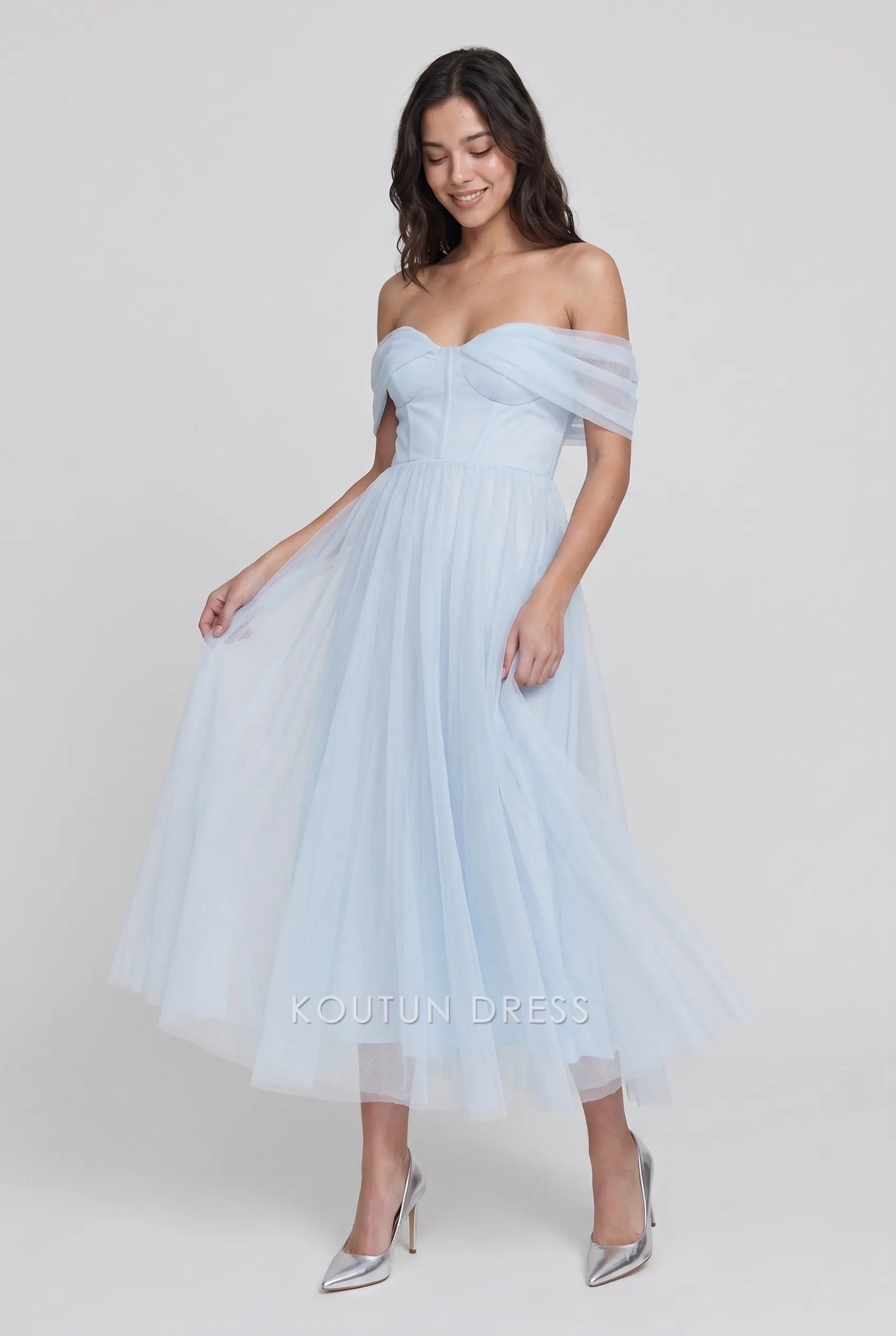 Light Blue Off Shoulder Sweetheart Neck Tulle Midi Formal Evening Prom Dress
