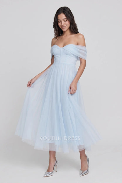 Light Blue Off Shoulder Sweetheart Neck Tulle Midi Formal Evening Prom Dress