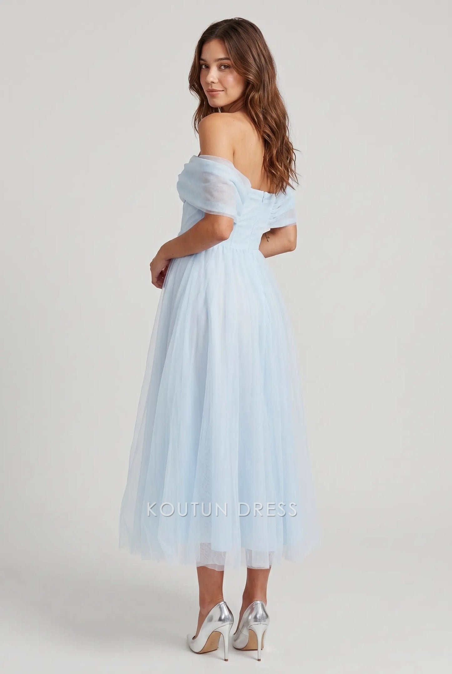 Light Blue Off Shoulder Sweetheart Neck Tulle Midi Formal Evening Prom Dress