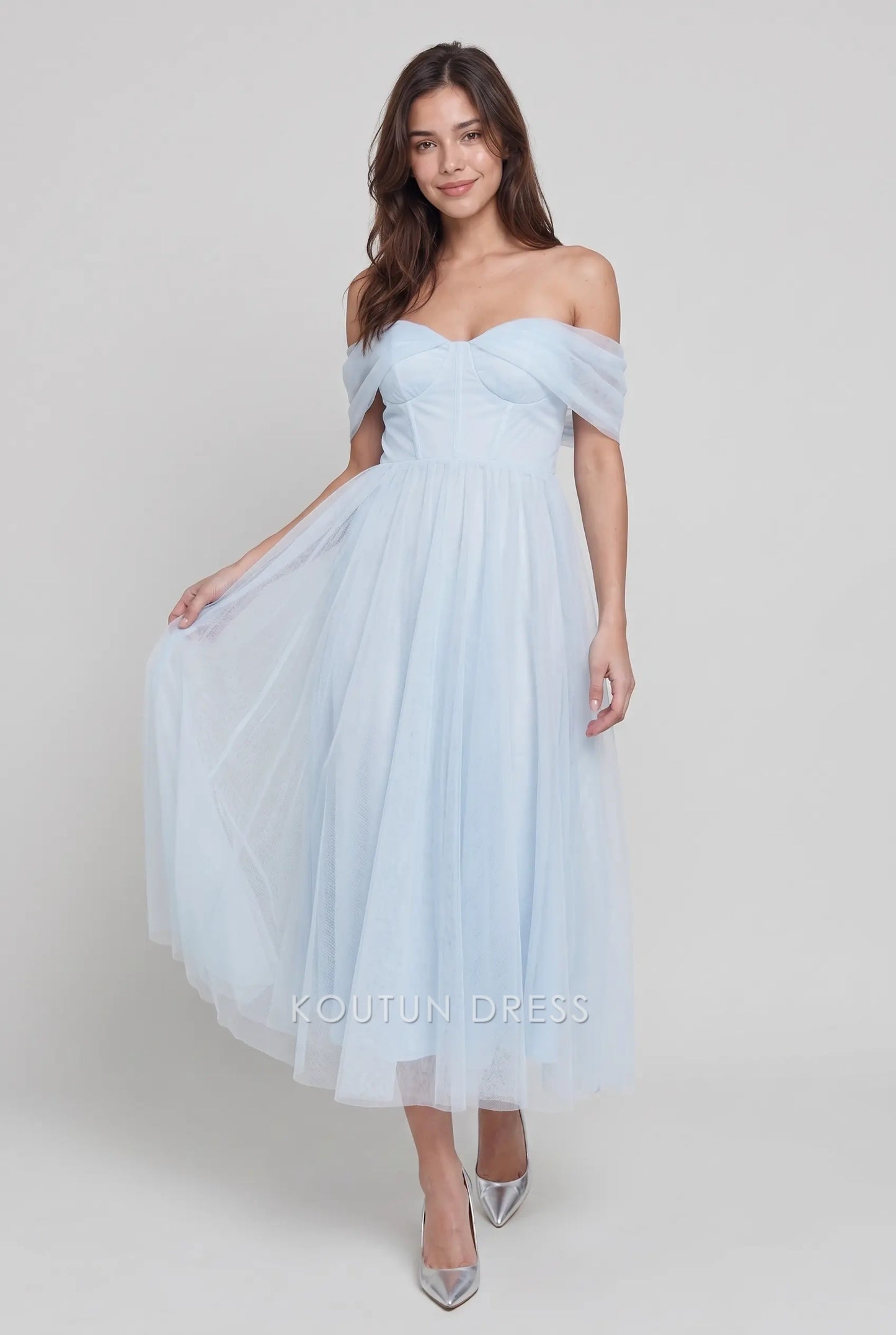 Light Blue Off Shoulder Sweetheart Neck Tulle Midi Formal Evening Prom Dress