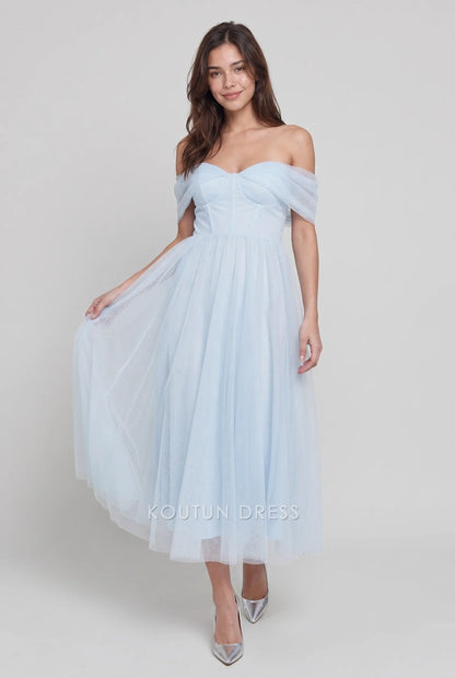 Light Blue Off Shoulder Sweetheart Neck Tulle Midi Formal Evening Prom Dress
