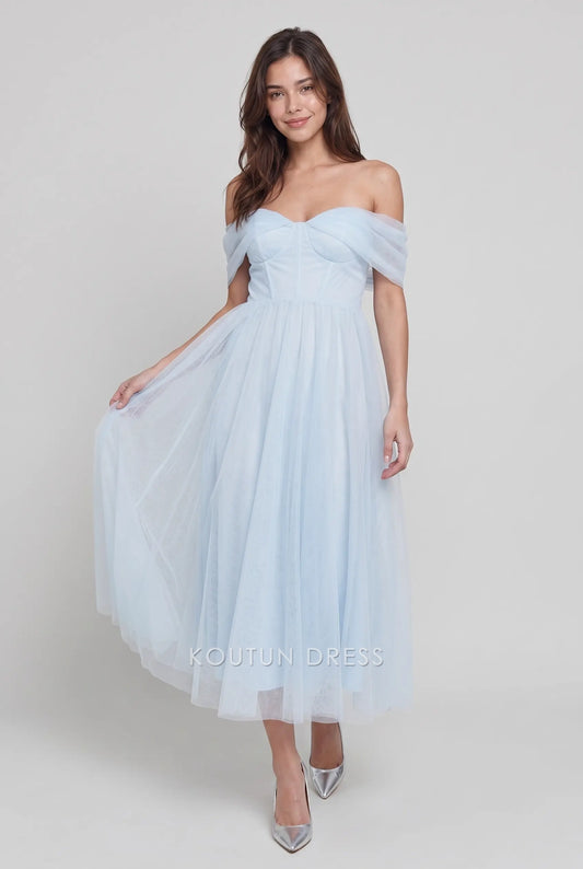 Light Blue Off Shoulder Sweetheart Neck Tulle Midi Formal Evening Prom Dress