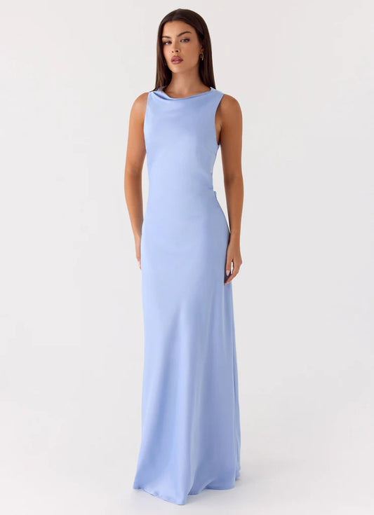Light Blue Satin Cowl Neck Maxi Prom Dress with Open Back and Tie Straps