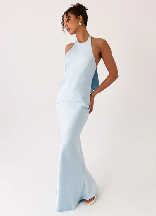 Light Blue Satin Halter Neck Open Back Bow Maxi Prom Dress