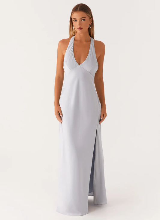 Light Blue Satin Halter Neck Prom Dress Open Back Maxi Gown with Side Slit