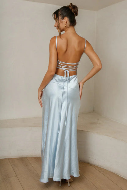 Light Blue Satin Spaghetti Strap Lace Up Back High Slit Floor Length Prom Dress