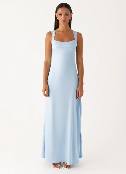 Light Blue Satin Square Neck Prom Dress Sleeveless Maxi Gown with Side Slit