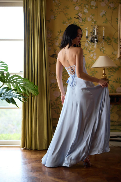 Light Blue Satin Strapless Corset Lace-Up Back Wrap Slit Maxi Evening Dress