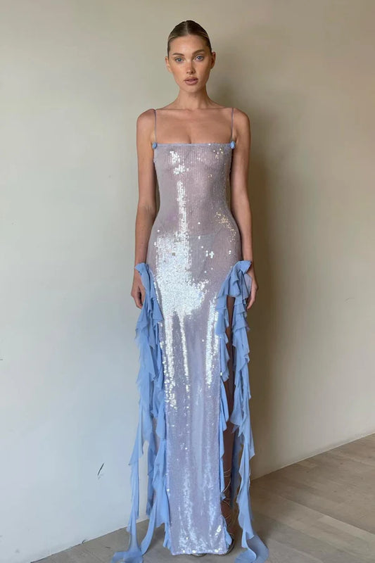 Light Blue Sequin Mesh Maxi Dresses with Spaghetti Strap 3D Floral Ruffle Slit for Beach Vacation and Pool Party