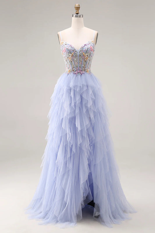 Light Blue Spaghetti Strap Floral Beaded Tiered Tulle Prom Dress with Corset Back