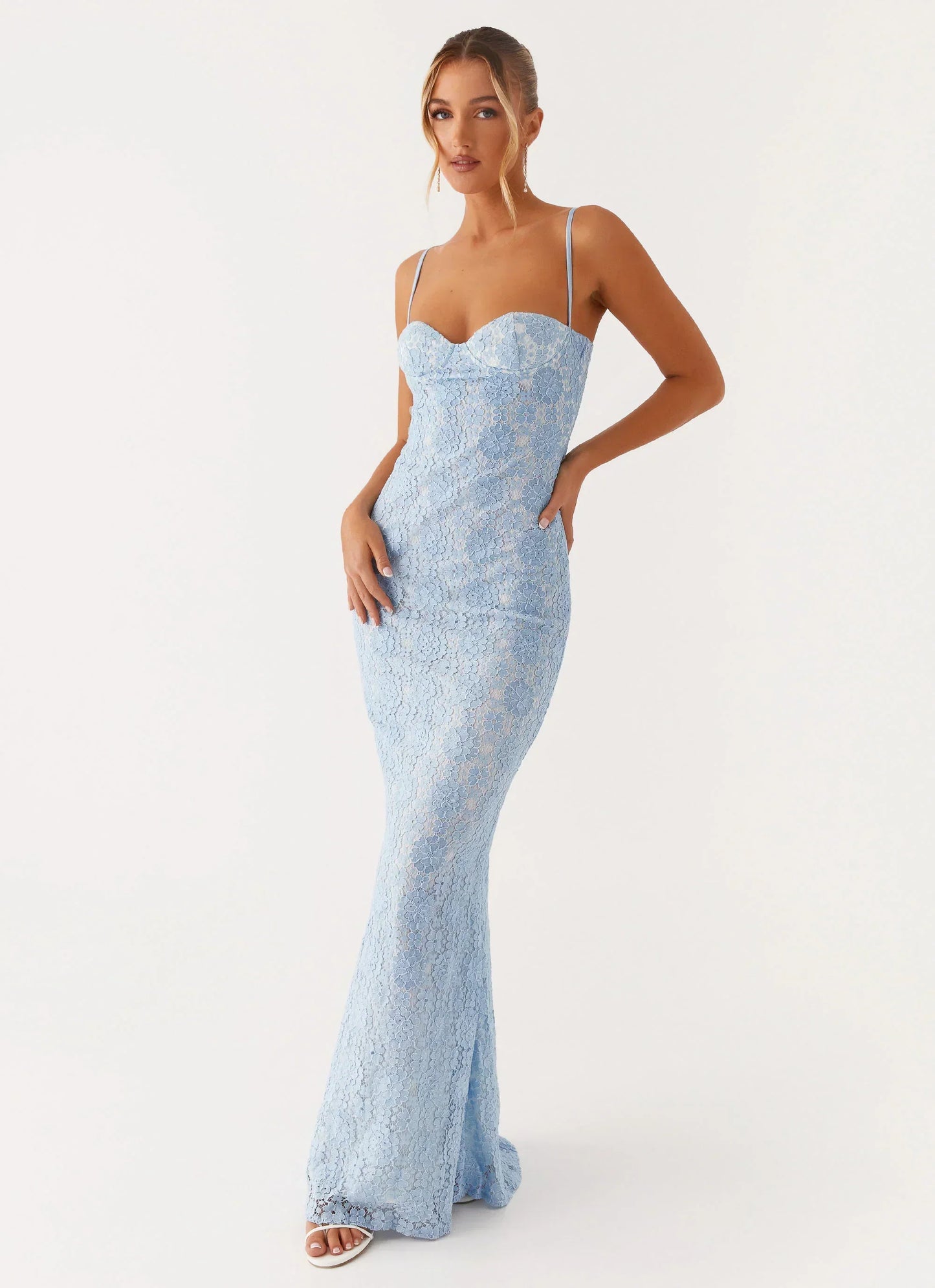 Light Blue Spaghetti Strap Floral Lace Sweetheart Mermaid Formal Evening Prom Dress