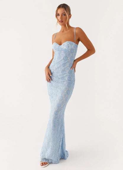 Light Blue Spaghetti Strap Floral Lace Sweetheart Mermaid Formal Evening Prom Dress