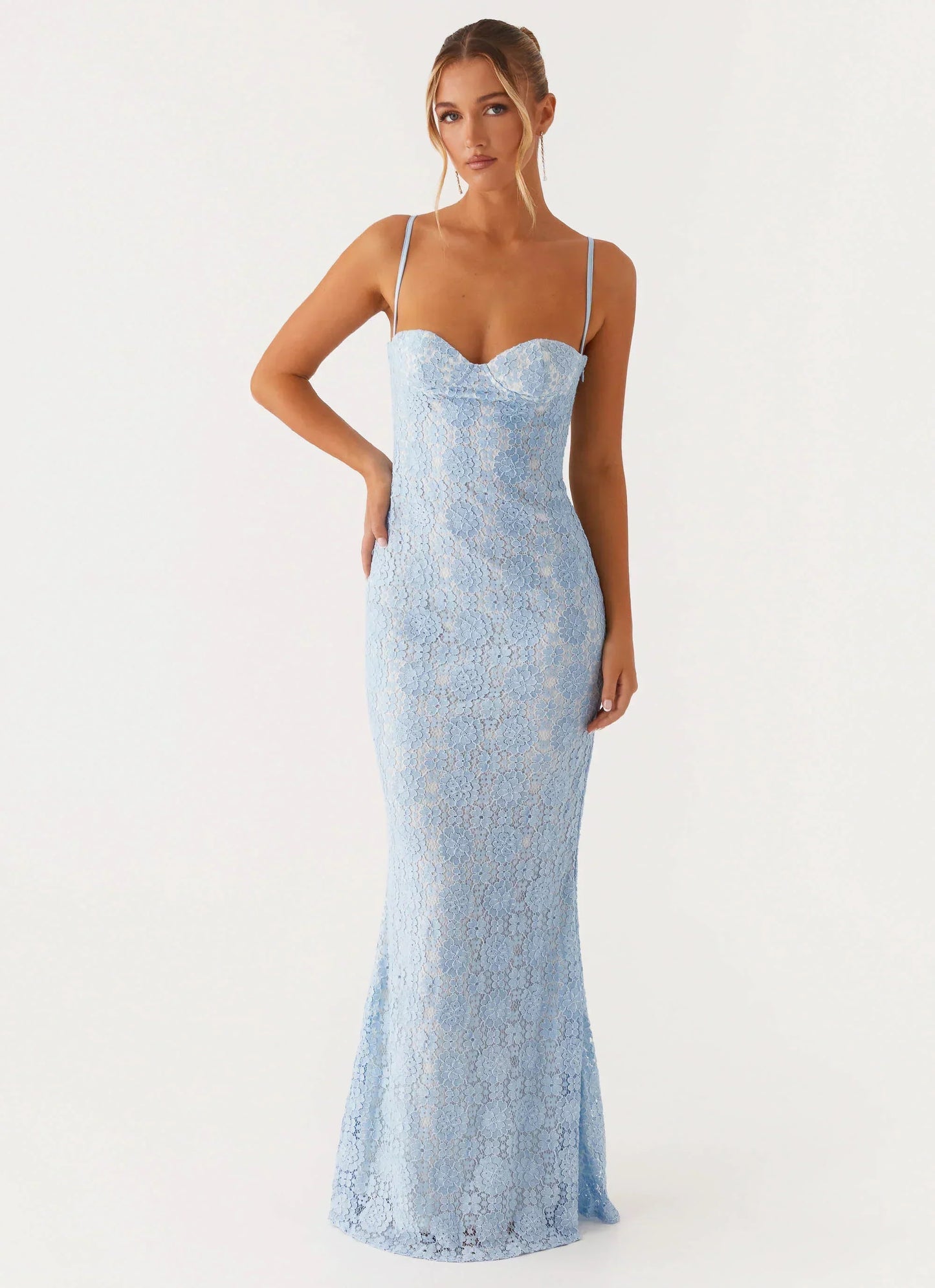 Light Blue Spaghetti Strap Floral Lace Sweetheart Mermaid Formal Evening Prom Dress