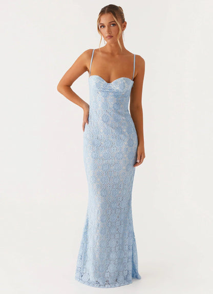 Light Blue Spaghetti Strap Floral Lace Sweetheart Mermaid Formal Evening Prom Dress