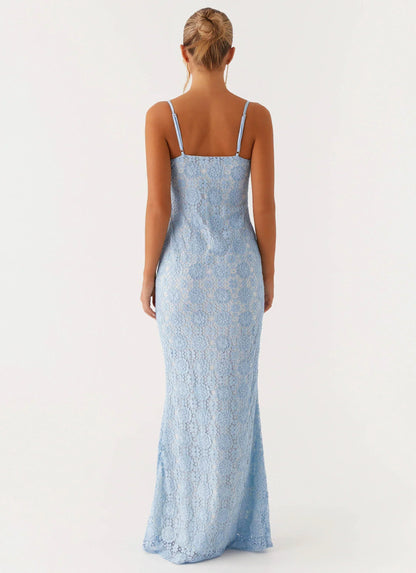 Light Blue Spaghetti Strap Floral Lace Sweetheart Mermaid Formal Evening Prom Dress