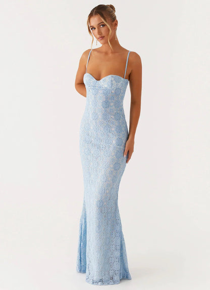 Light Blue Spaghetti Strap Floral Lace Sweetheart Mermaid Formal Evening Prom Dress