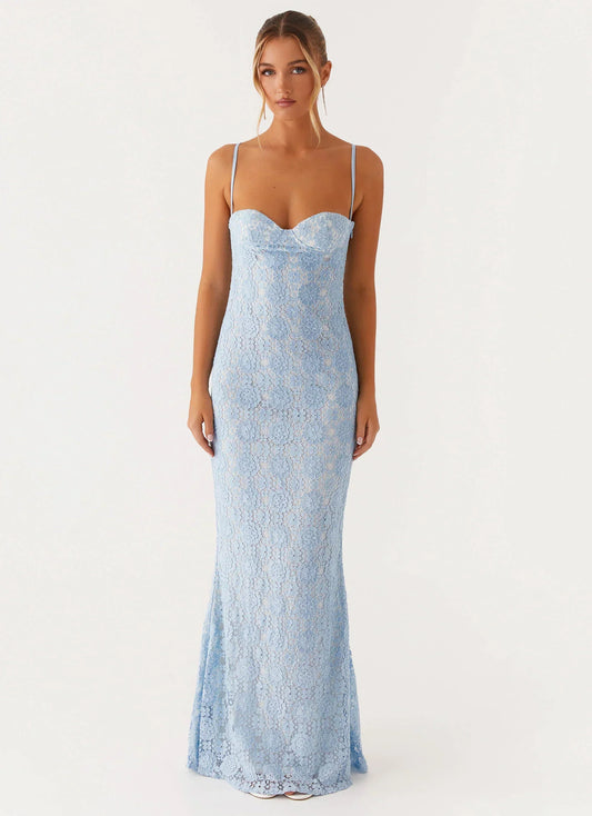 Light Blue Spaghetti Strap Floral Lace Sweetheart Mermaid Formal Evening Prom Dress