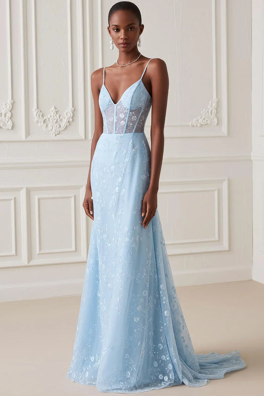Light Blue Spaghetti Strap Prom Dress With Sheer Corset And Floral Lace Mermaid Silhouette For Formal Evening Party