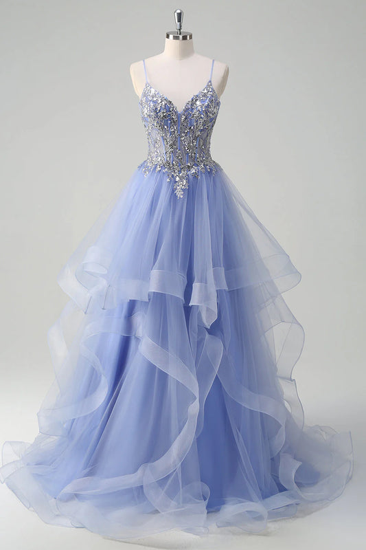 Light Blue Spaghetti Strap Prom Dress with Silver Sequin Lace Corset Bodice, Ruffled Organza Tulle Skirt and V-Neck