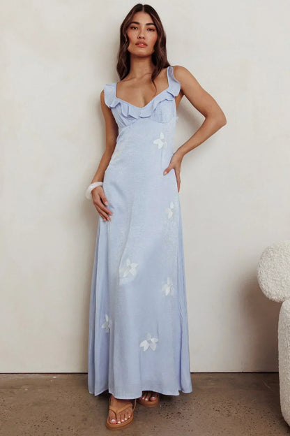 Light Blue Spaghetti Strap Ruffle Trim Floral Appliqué Maxi Formal Evening Prom Dress