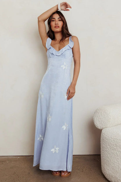 Light Blue Spaghetti Strap Ruffle Trim Floral Appliqué Maxi Formal Evening Prom Dress