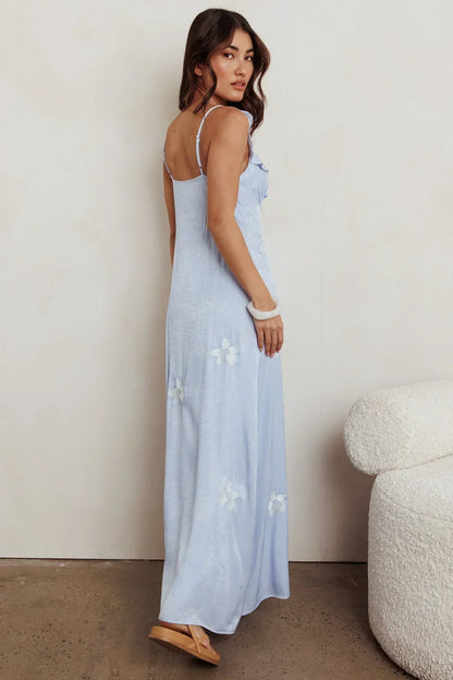 Light Blue Spaghetti Strap Ruffle Trim Floral Appliqué Maxi Formal Evening Prom Dress
