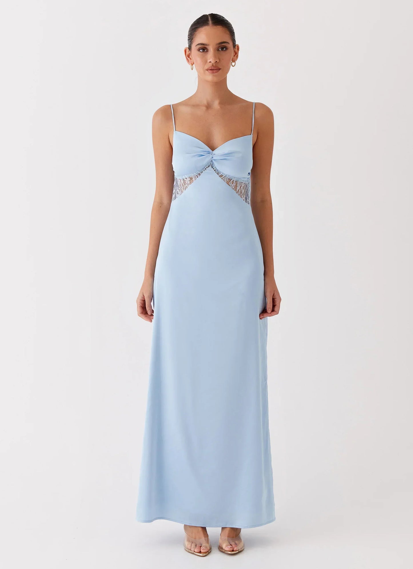 Light Blue Spaghetti Strap Satin Gown With Lace Cutout Tie-Back Formal Evening Prom Dress
