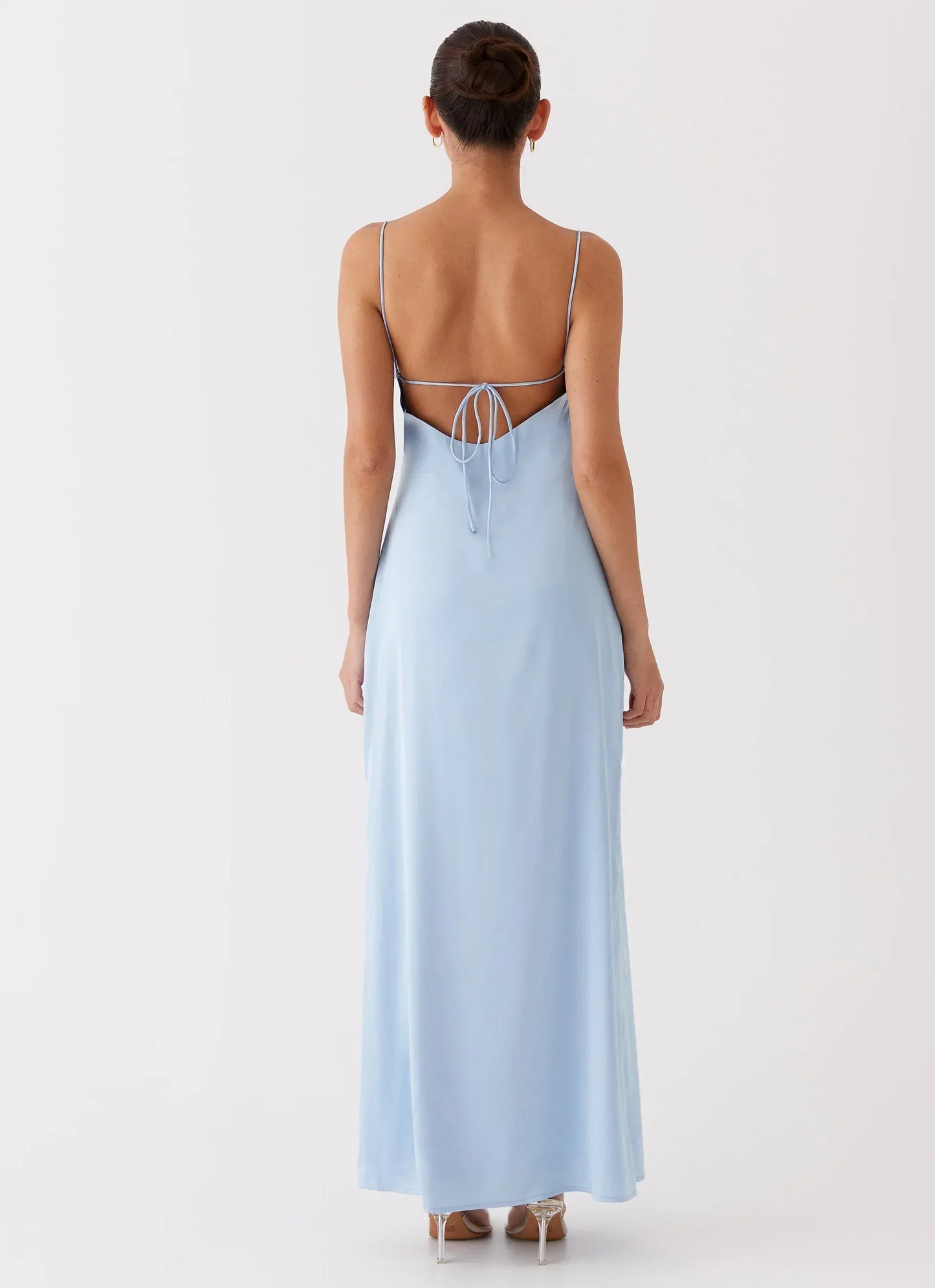 Light Blue Spaghetti Strap Satin Gown With Lace Cutout Tie-Back Formal Evening Prom Dress