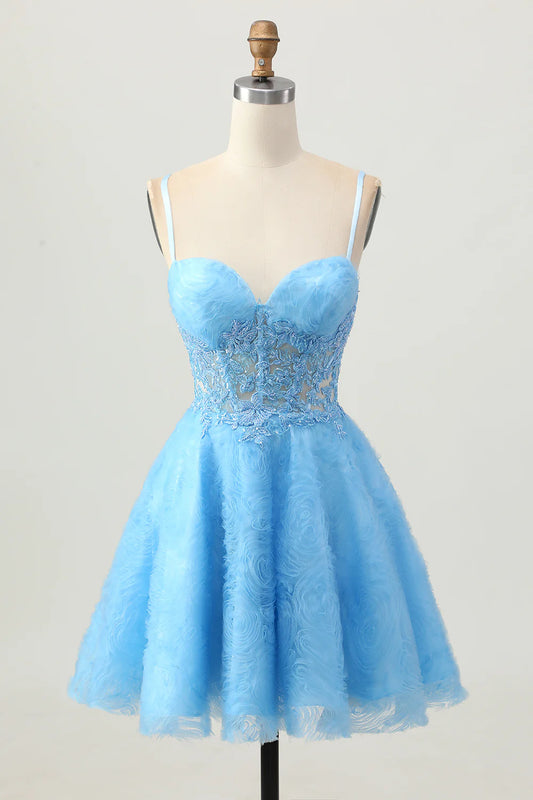 Light Blue Spaghetti Strap Sweetheart Homecoming Dress with 3D Floral Lace Appliqué, Sheer Corset Waist, Crisscross Lace-Up Back and Textured Tulle A-Line Skirt