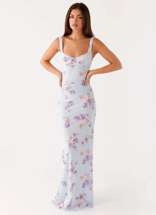 Light Blue Square Neck Floral Print Mermaid Maxi Formal Evening Prom Dress