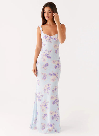 Light Blue Square Neck Floral Print Mermaid Maxi Formal Evening Prom Dress