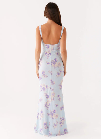 Light Blue Square Neck Floral Print Mermaid Maxi Formal Evening Prom Dress